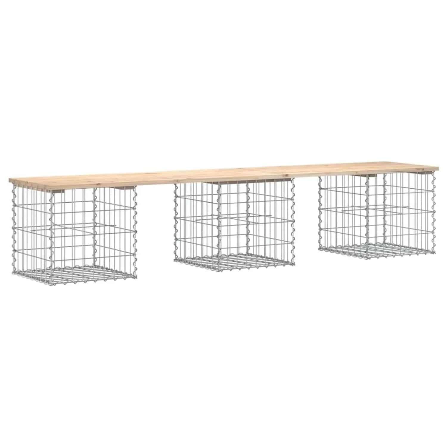 DELUKE Gartenbank Gabionen BIKS Aus Stahl 203x44x42cm Kiefernholz Natur Gabionenbank Gabionengitter Ziergabione